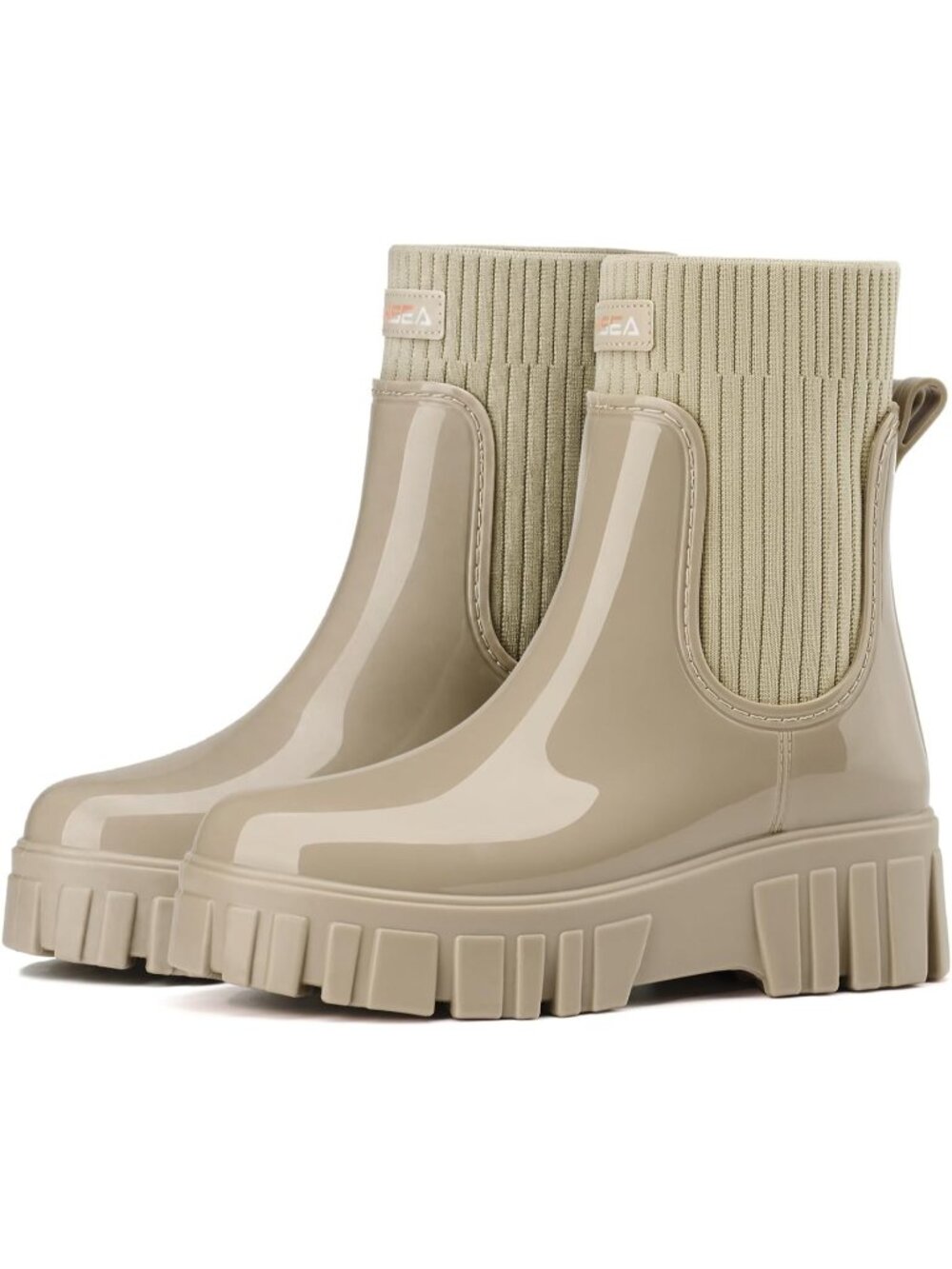 Women's Olive Anti-slip Waterproof Chelsea Snug Knit Cuff Collar Ankle Rain Boot